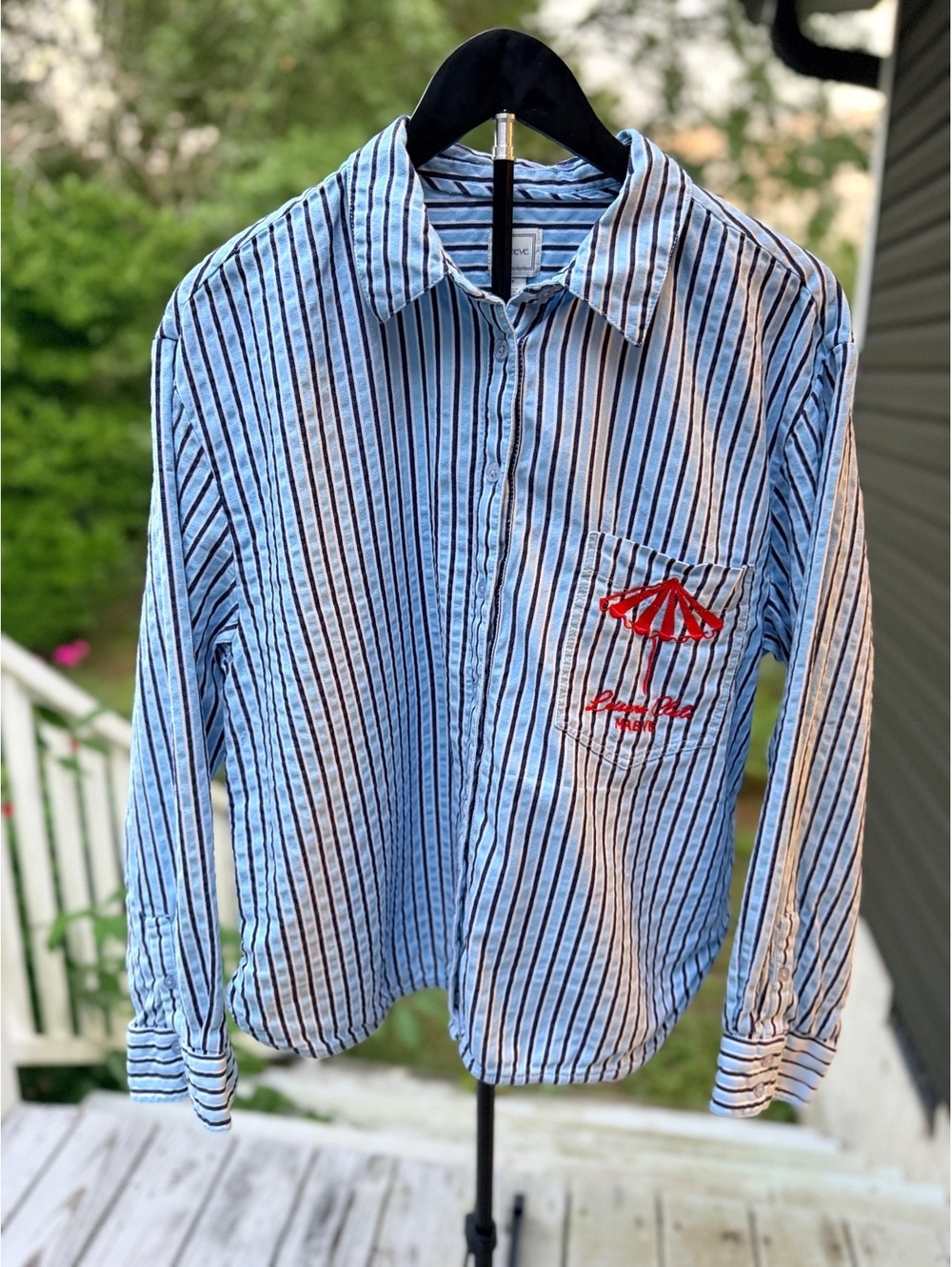 Maeve Medium Blue and White Striped Button-Up Shirt with Red Embroidery